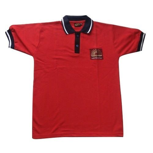 Red Short Sleeves Unisex Cotton T Shirt With Straight Collar And Plain Pattern