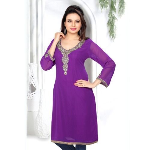 Embroidered Georgette Purple Kurti For Ladies With Full Sleeve And Round Neck Bust Size: 35-36 Inch (In)