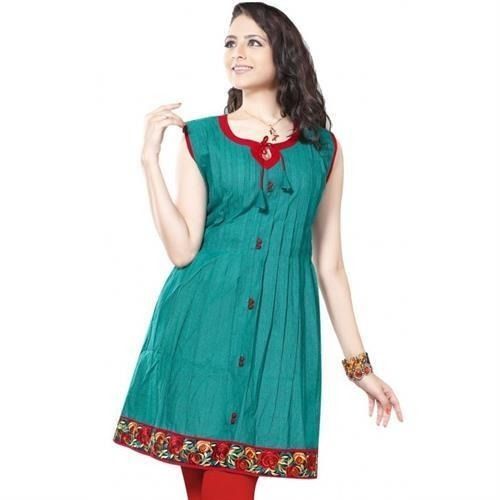 Round Neck Casual Wear Sleeveless Blue Cotton Kurti For Ladies Bust Size: 35-36 Inch (In)