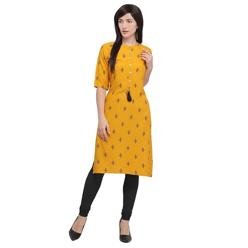 भारतीय महिलाओं के लिए 100 प्रतिशत कॉटन आरामदायक और सांस लेने योग्य पीली प्रिंटेड फुल स्लीव्स कुर्ती