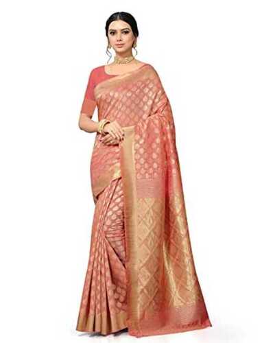 Cotton Silk Women 100 Percent Comfortable And Breathable Fashionable Pink Golden Printed Saree 