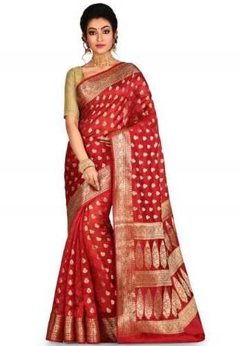 Cotton Silk Women Elegant Saree Comfortable And Breathable Red Golden Printed Saree 