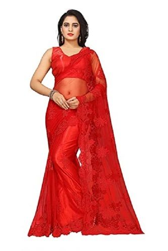 Party Wear Womens Elegant Look Highly Breathable Red Netted Embroidered Saree With Unstitched Blouse