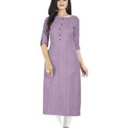 Quick Dry Women 3/4 Sleeves Round Neck Casual Wear Breathable Plain Cotton Purple Kurti
