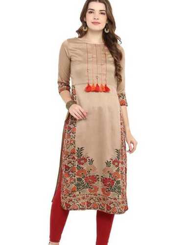 Women Round Neck 3/4 Sleeves Casual Wear Breathable Printed Cotton Brown Kurti Bust Size: S
