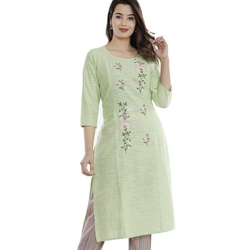 Ladies Cotton Embroidered Kurti - 3/4th Sleeve Design, Light Green Color | Breathable, Soft Material, Eco-Friendly, Summer Casual Wear