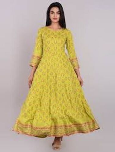 Yellow Party Wear Women Rayon Light Pista 3/4Th Sleeves Printed Floral Anarkali Kurta