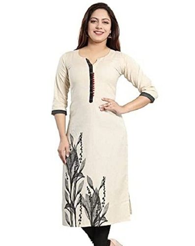 Women Skin Friendly And Comfortable 3/4 Sleeves Cream Black Printed Cotton Kurti