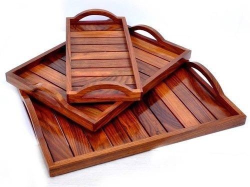 Termite Proof Brown Rectangle Wooden Serving Tray Used For Home And Office  Size: 35 X 25 X 5 Cm