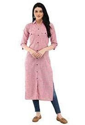 Ladies Light Weight Ethnic Cotton Fabric Chex Pink Kurti For Formal Wear