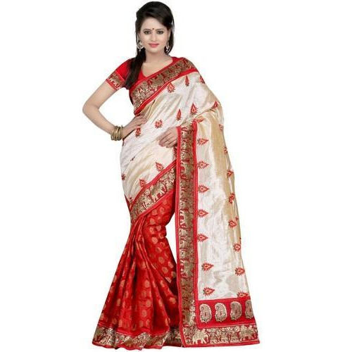 Art Silk Women 100 Percent Comfortable And Breathable Red Cream Saree For Casual Wear