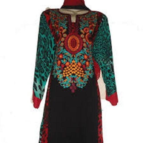 Women Stylish Casual Wear Round Neck3/4 Sleeve Black Green Printed Straight Kurti Decoration Material: Cloths