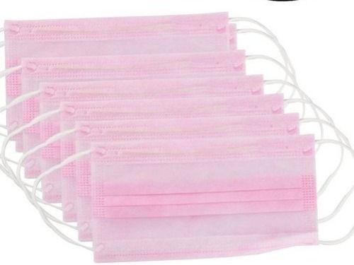 Disposable Non Woven Rectangular 3 Ply With Elastic Ear Loop Pink Face Mask