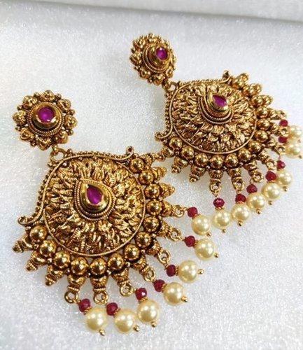 Brass Golden Stone Antique Designer Earrings Gender: Women