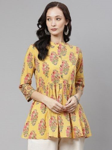 Ladies 3/4 Sleeves Comfortable Breathable Summer Wear Divena Mustard Floral Print Top