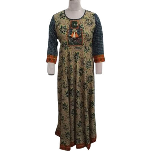 Brown Straight 3 4Th Sleeve Ladies Printed Cotton Kurti Machine Wash