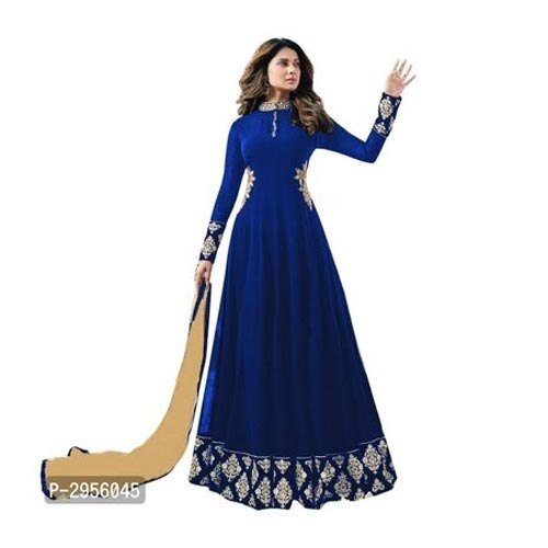 Ladies One Piece Gown - Georgette, Customized Size, Blue Color | Full Sleeves, Breathable, Washable, Regular Fit, Long Length, Round-Neck