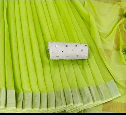 Casual Wear Simple Elegant And Stylish Look Plain Green Silk Cotton Saree For Women 