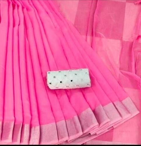 Casual Wear Simple Elegant And Stylish Look Plain Pink Silk Cotton Saree For Women 