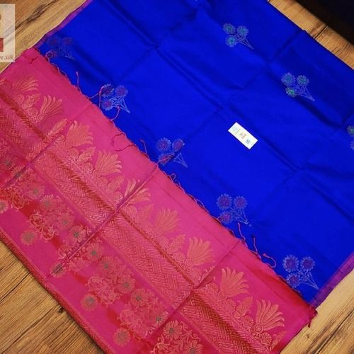 Gorgeous And Beautiful Party Wear Dark Blue Floral Design Pink Silk Saree For Ladies