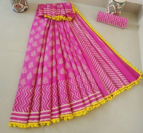 Party Wear Cotton And Printed Pink Green Border Saree 