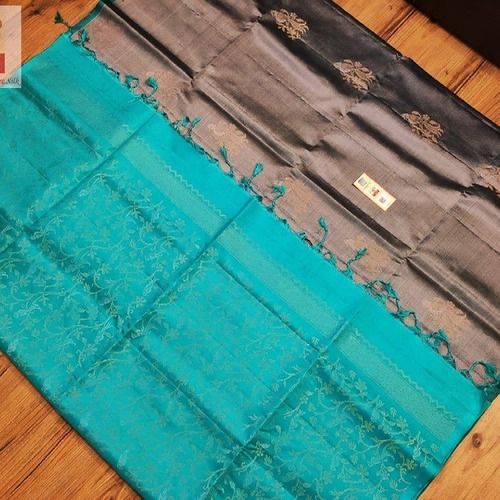 Simple Elegant Floral Design Stylish Look Grey And Blue Printed Party Wear Silk Saree