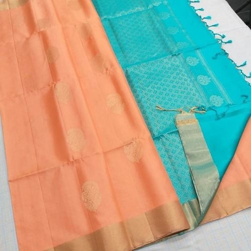 Simple Elegant Stylish Look Orange And Blue Party Wear Silk Saree For Women