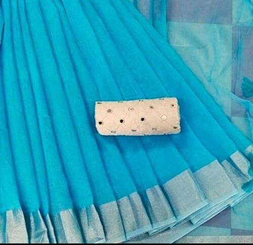 Traditional Elegant Beautiful And Breathable Plain Blue Casual Wear Silk Cotton Saree For Women 