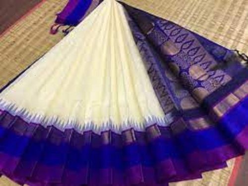 Casual Wear White With Blue Breathable Soft Cotton Silk Saree For Ladies