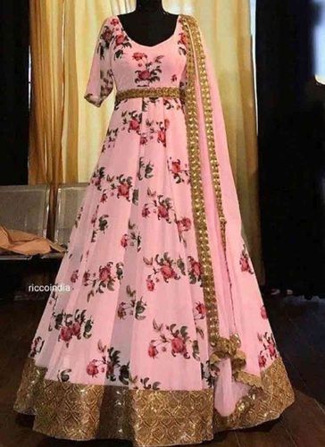 Chiffon Party Wear Ladies Pink Colour Floral Print Frock Suit 