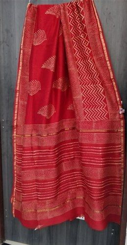 Red Pure Cotton Casual Wear White Printed Chanderi Silk Saree