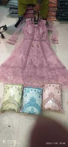 Designer And Quarter Sleeves Pink Color Net Fabric Anarkali Churidar Suits, For Party And Wedding Functions