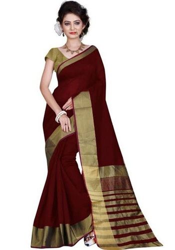 Plain Ladies Beautiful Breathable For Casual Wear Pure Cotton Silk Brown Golden Saree 