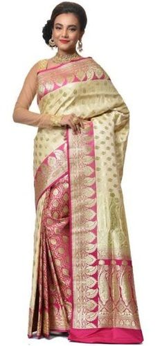 Cotton Silk Ladies Light Weight Beautiful And Comfortable Golden And Pink Saree With Blouse