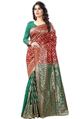 Womens Party Wear Banarasi Zari Work Printed Art Silk Saree With Unstitched Blouse