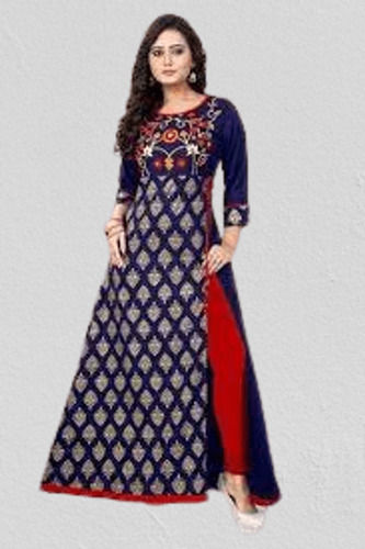 Washable Embroided Design Regular Sleeves Straight Long Designer Cotton Kurti For Women