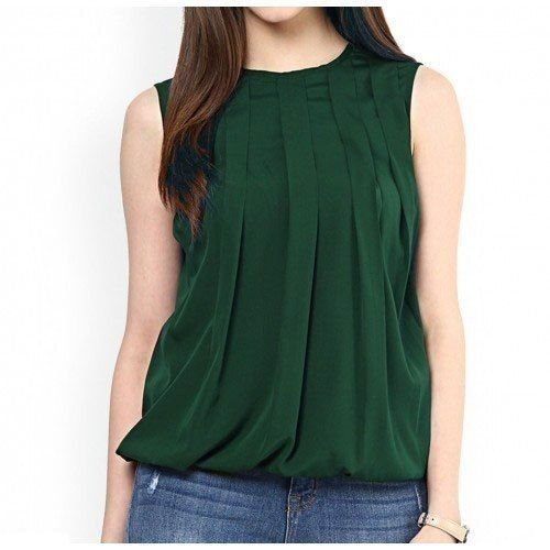 Green Plain Sleeveless Round Neck Casual Wear Fancy Tops