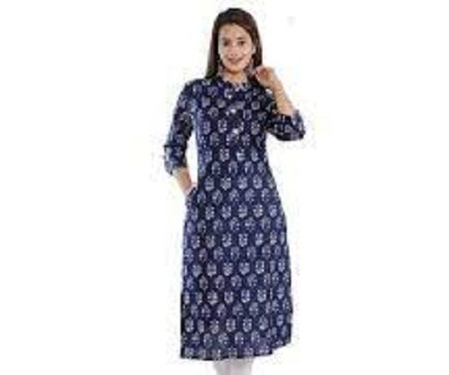 Ladies 3/4 Sleeves Comfortable And Breathable Navy Blue Pure Cotton Kurtis