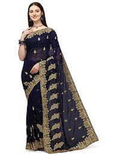 Ladies Party Wear Breathable And Comfortable Stylish Blue Net Embroidered Saree