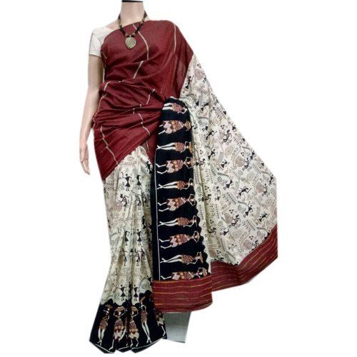 Brown Marron And White Casual Wear Printed Stylish Cotton Saree With Blouse For Ladies