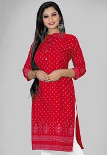 Ready To Wear Women'S Collar Neck Printed Pure Cotton Straight Ethnic Red Kurta