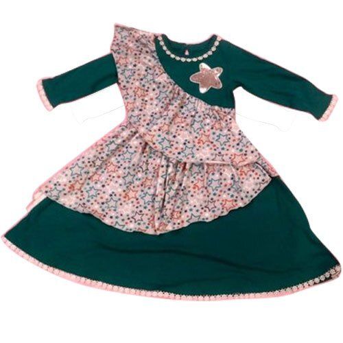 Quick Dry Green Printed Fullsleeve Party Wear Round Neck Kids Frock