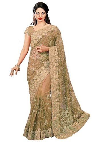 Cream Women Stylish And Beautiful Look Beautiful Elegant Embroidery Golder Saree