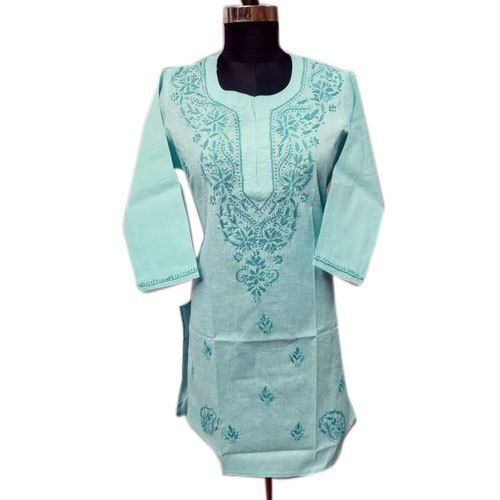 Quick Dry Gorgeous And Beautiful Blue Casual Wear 3-4Th Sleeve Chikan Cotton Kurti For Ladies