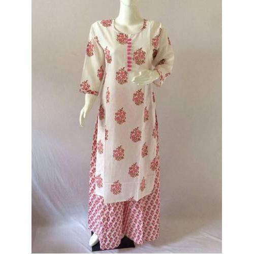 Breathable Printed 3/4 Sleeves For All Ages Simple Daily Wear White With Pink Cotton Summer Ladies Kurti