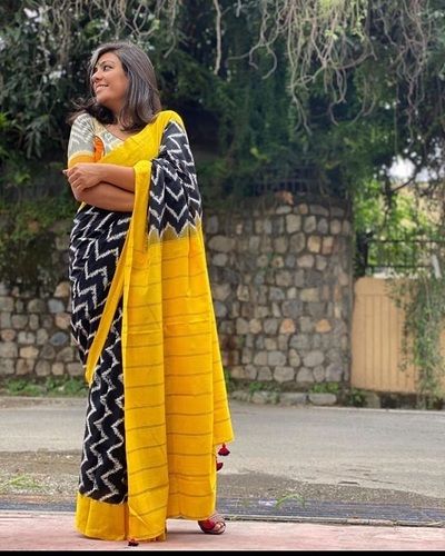 Hand-painted Kerala cotton saree - Vibrant yellow, pure elegance - Buy Now