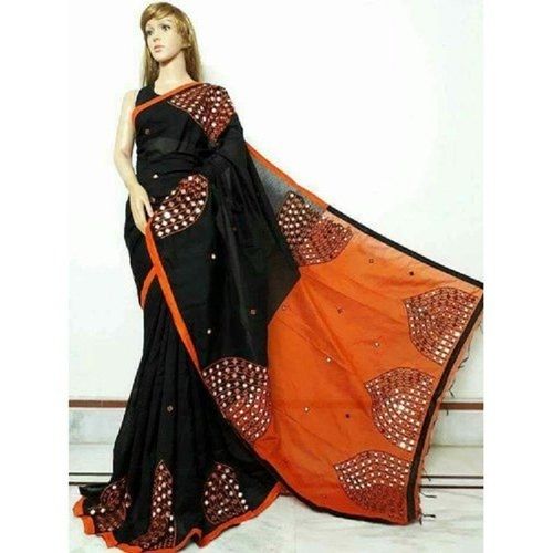 Printed And Stones Black With Red Color Cotton Silk Fancy Saree