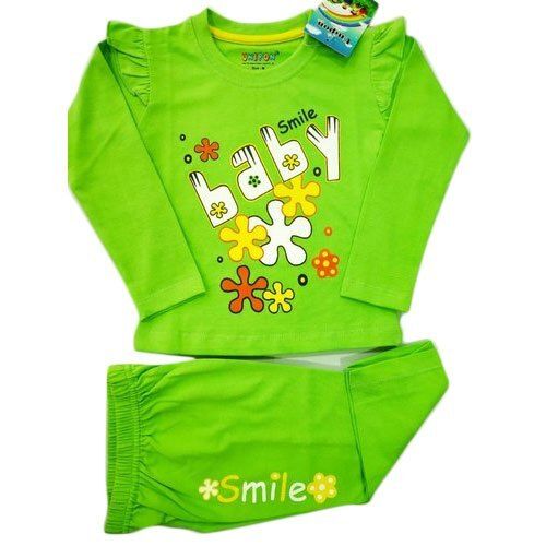 Cotton Skin Friendly Wrinkle Free Green Printed T Shirt And Lower Set For Girls 