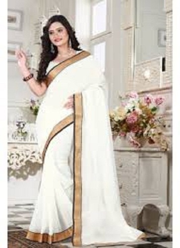Silk Women 100 Percent Cotton Comfortable And Breathable White Plain Saree