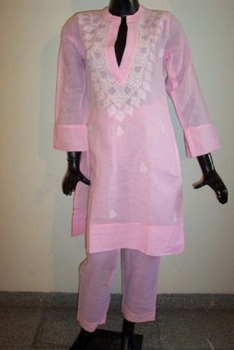 Light Pink 100 Percent Pure Cotton Made Lightweight Ladies Viscose Stylish Chikan Suits